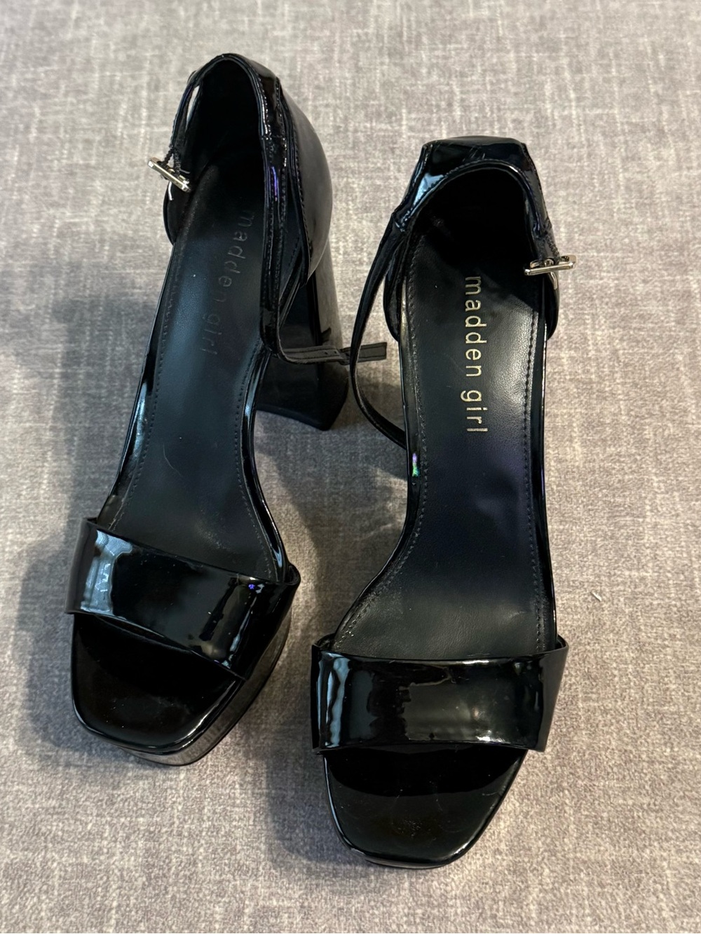 Madden Girl Black Patent Ankle-Strap Block Heels